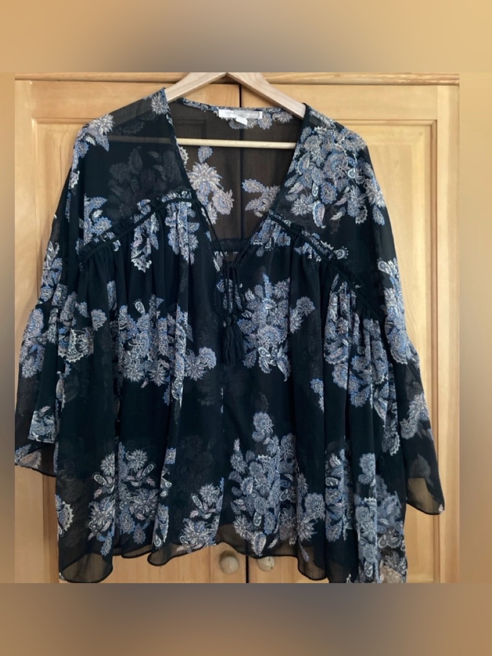 Forever 21 Black Blue Pink Floral Sheer Bell Sleeve Pop over Boho Blouse